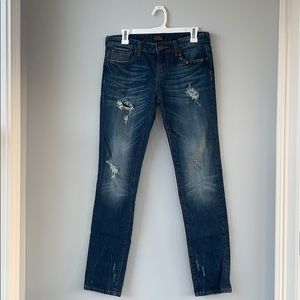 Express medium/dark wash, distressed skinny jeans